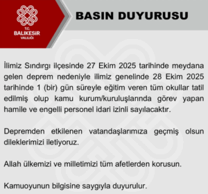 Balıkesir’de Deprem Nedeniyle Eğitime 1 Gün Ara Verildi