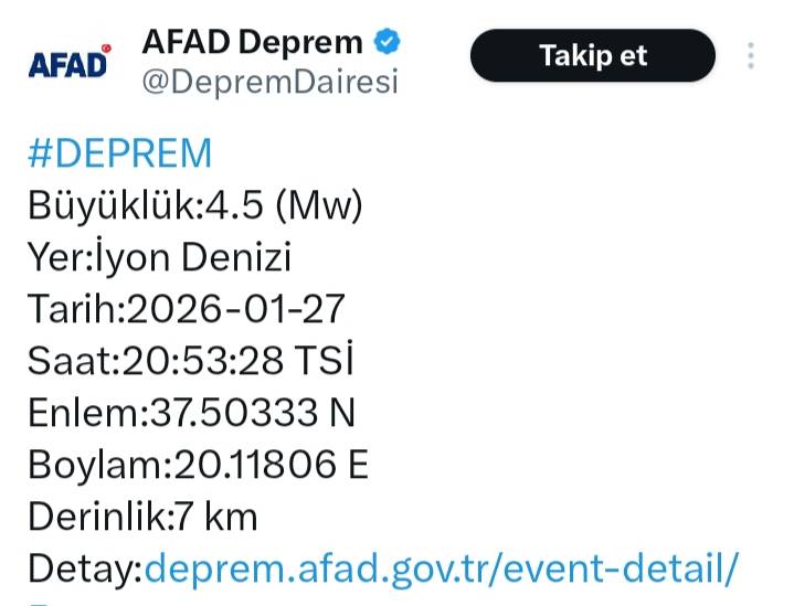AFAD, açıkladı; İyon Denizi'nde şiddetli deprem!