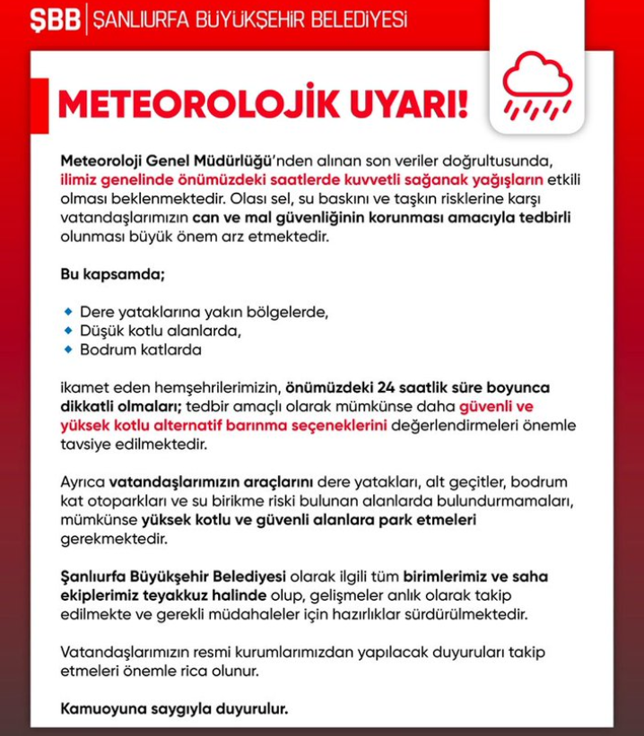 Şanlıurfa’da Sağanak Alarmı: Sel Riski Var